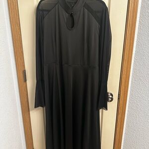 Goth Victorian black floor length-dress mesh flared sleeves and button neck. XXL